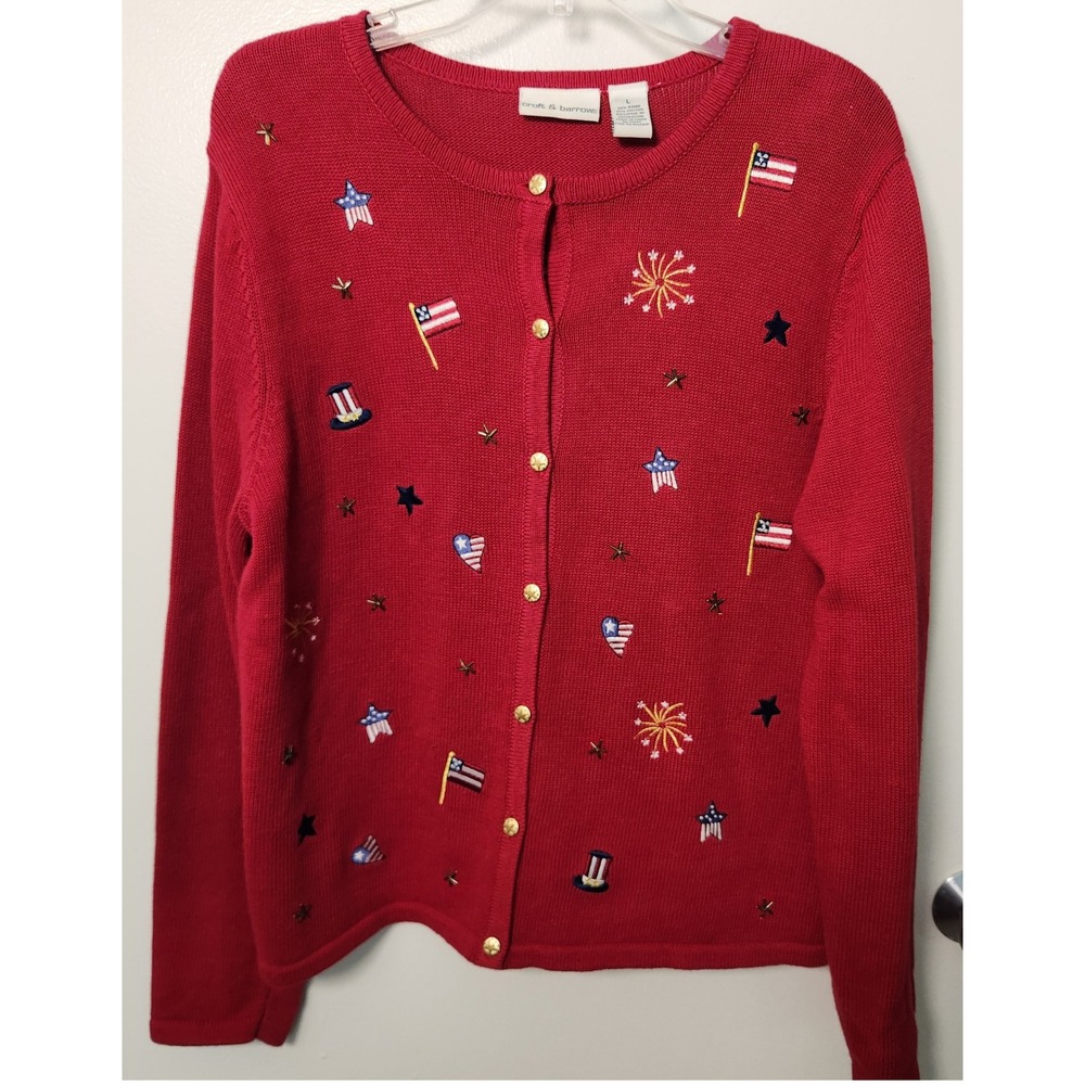 Croft & Barrow Lrg 4th of July Embroidered Button Cardigan Vintage Patriotic